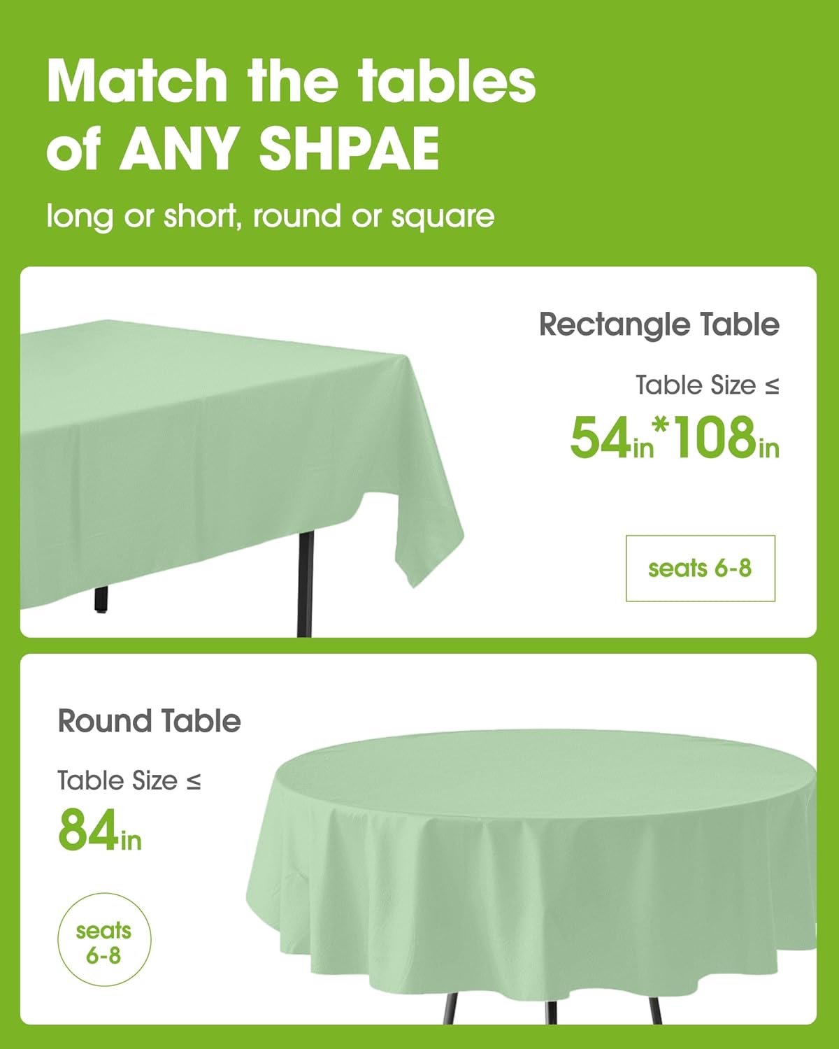 Pureegg Disposable Plastic Tablecloths - 54 x 108 Inch, Leakproof & Sturdy, Sage Green | 8 Pack for Easter Parties