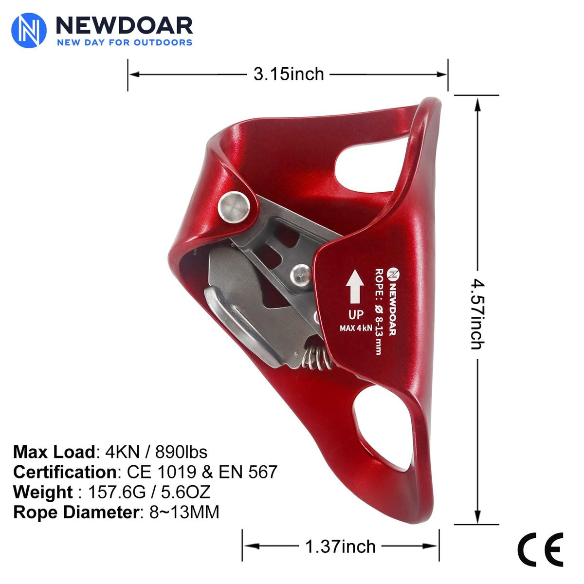 NewDoar Rock Climbing Chest Ascender Abdominal for Vertical Climbing - CE Certified Rope Clamp for 813MM Rope (Red)