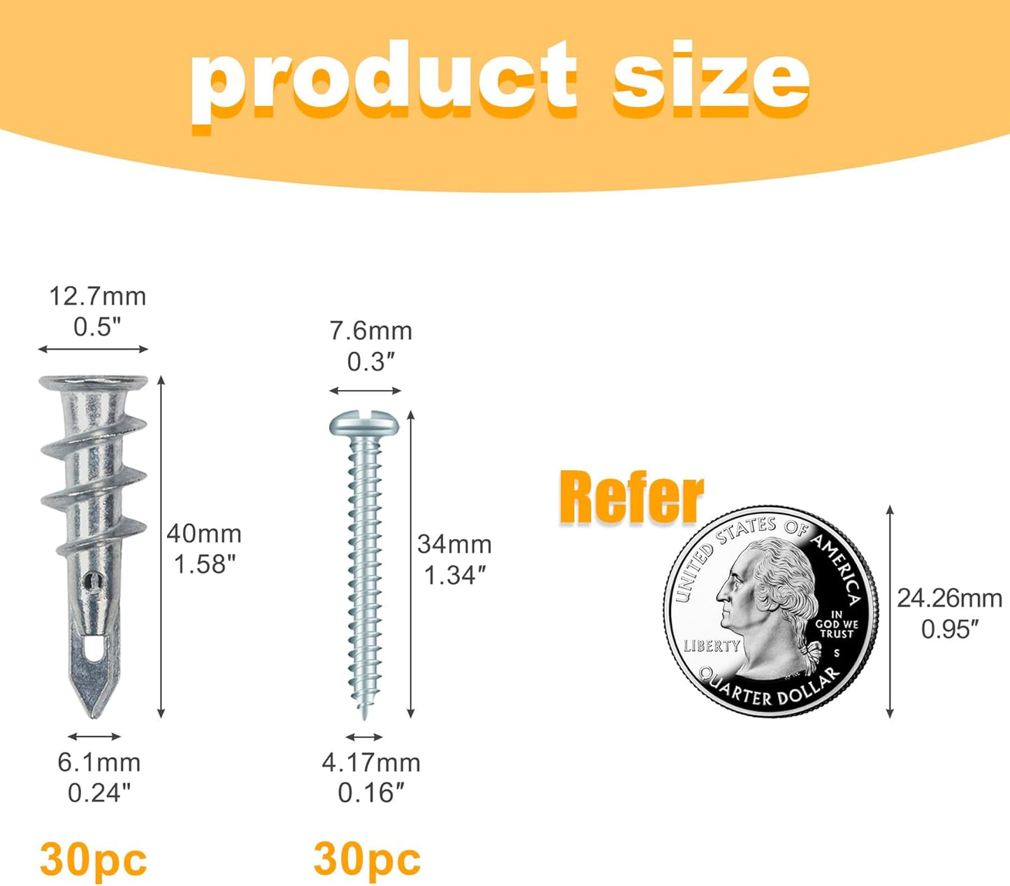 KURUI Zinc Self-Drilling Drywall Anchors Kit - 60PCs Heavy Duty 75LB Capacity | 30 Anchors + Screws