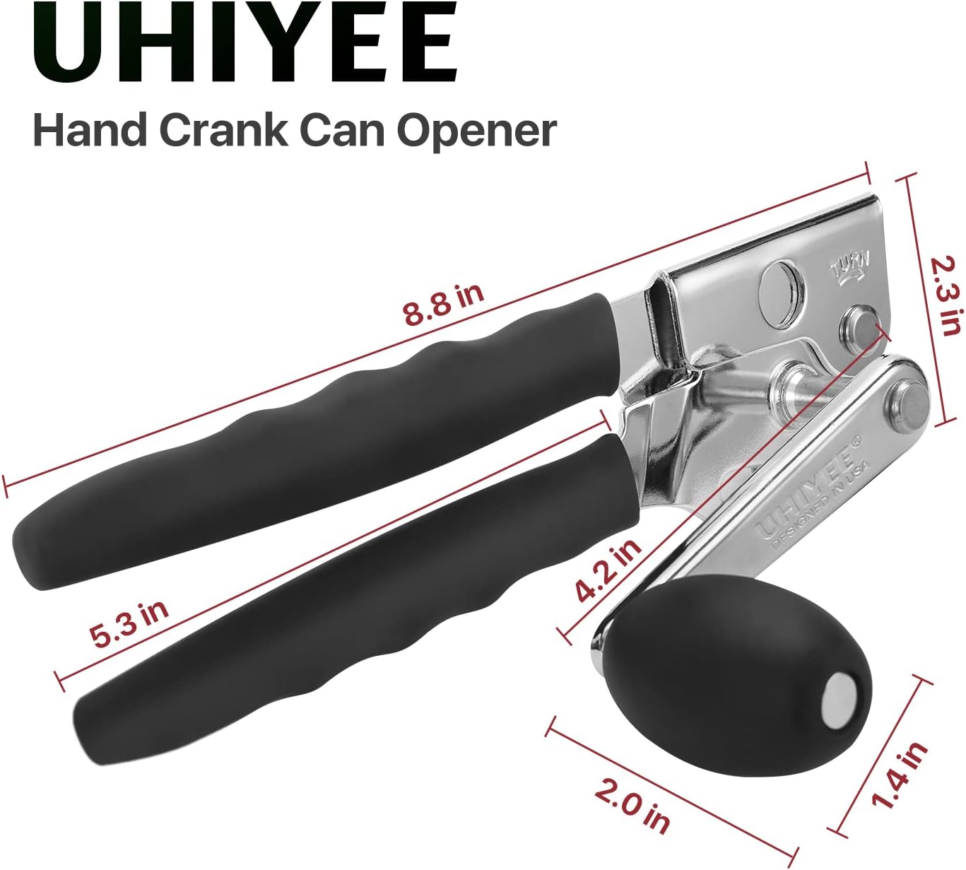 UHIYEE Heavy-Duty Manual Can Opener - Comfortable Extra-Long Handles & Oversized Knob | Black