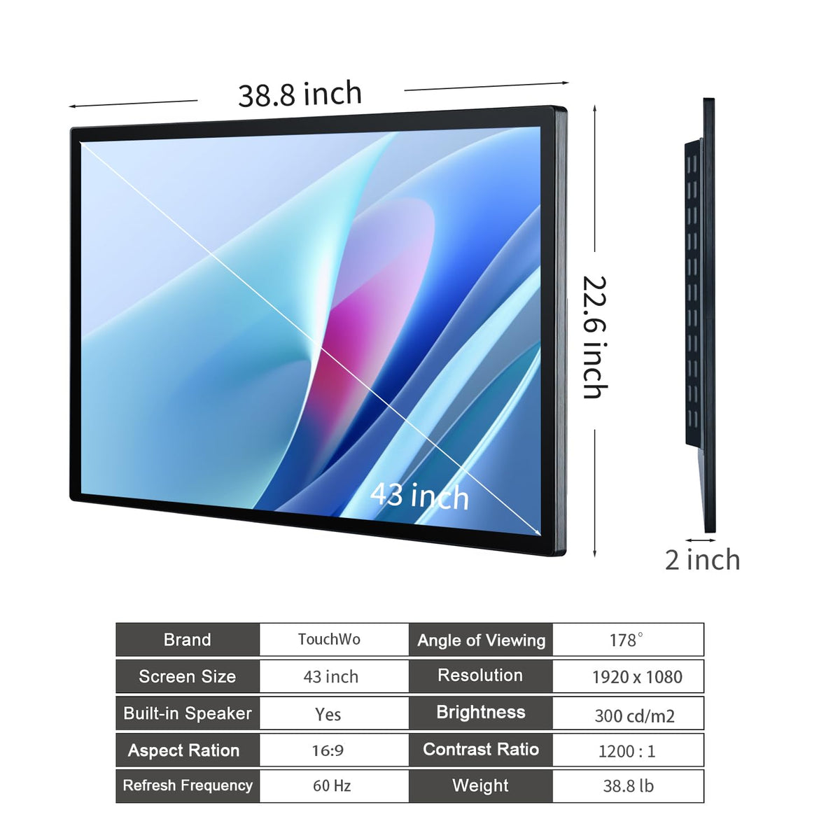 TouchWo 43 inch Interactive Touchscreen Monitor, Smart Board with 16:9 Display 1080P, Android 11 Touchscreen Electronic Whiteboard for Office and Classroom, RAM 4G & ROM 32G