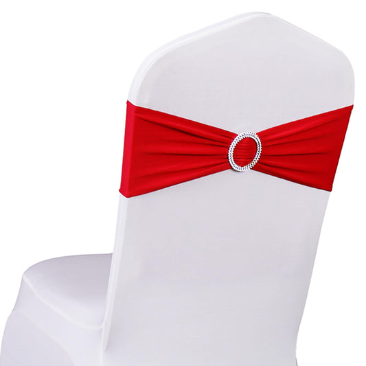 SINSSOWL Wedding Red Chair Sashes 100 Pack Spandex Chair Bows Bands with Buckles for Party Birthday Bridal Shower Engagement Banquets Anniversary Christmas Outdoor Events Decorations (Red)
