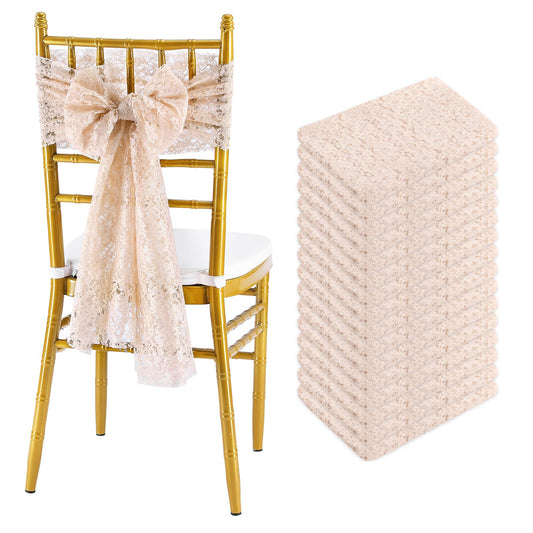 Fanqisi 16 Pack Champagne Chair Sashes: 8ft Lace Chair Cover Wedding Aisle Decorations Vintage Embroidered Chair Bows for Party Reception Dinning Decor 9.5 x 94.5 Inch