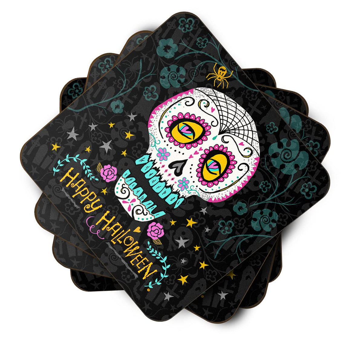 Caroline's Treasures VHA3035FC Happy Halloween Day of The Dead Foam Coaster Set of 4 Set of 4 Cup Coasters for Indoor Outdoor, Tabletop Protection, Anti Slip, Mouse pad Material