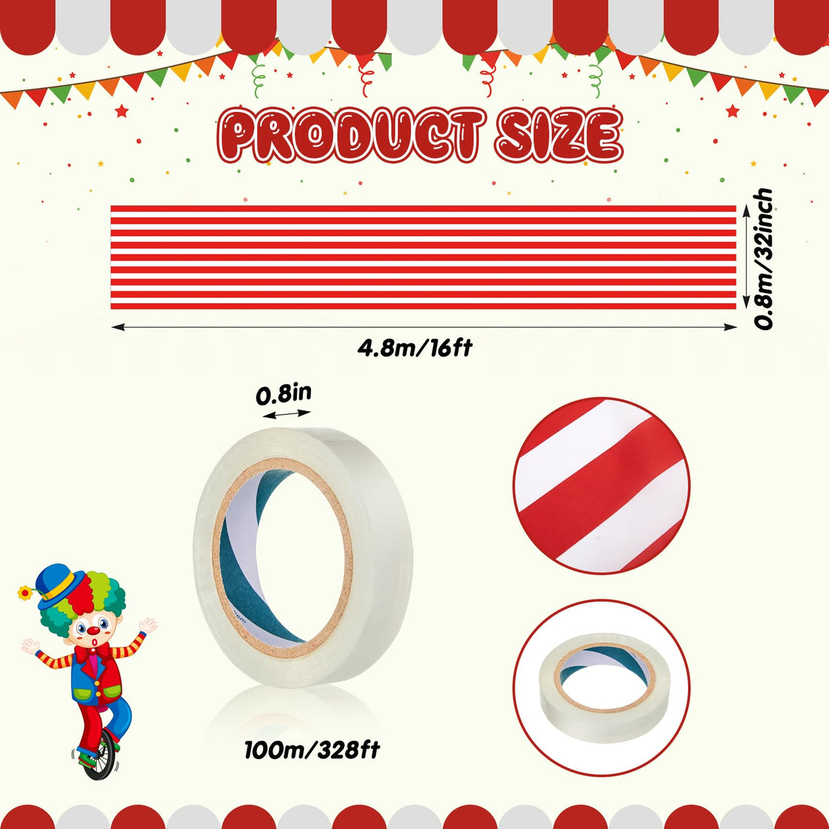 HunnmingRe 1 Pack Circus Halloween Decorations 32 Inch x 16 ft Red and White Hanging Banner with Tape Ceiling Decor for Carnival Birthday Classroom Circus Theme Party Decorations
