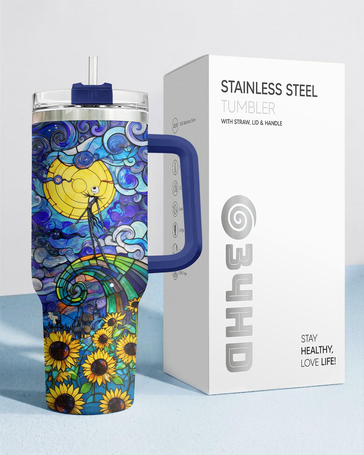34HD Nightmare Skeleton Tumbler Starry Night Sunflower 40oz Tumbler Insulated Stainless Steel Gothic Art Coffee Cup Gifts for Movie Fans