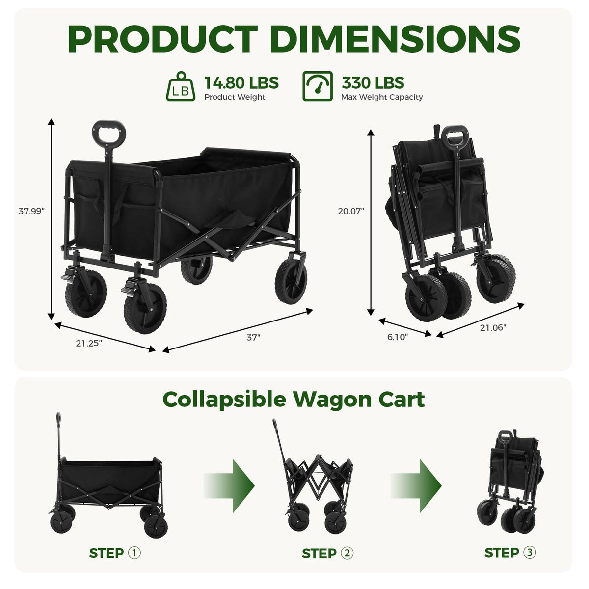 OLIXIS Collapsible Wagon 102L Standard Heavy Duty Utility Folding Wagon Cart with Lockable Brake Wheels – 330 lbs Weight Capacity, Flexible Handle for Beach, Grocery, Camping, Sports & Garden, Black