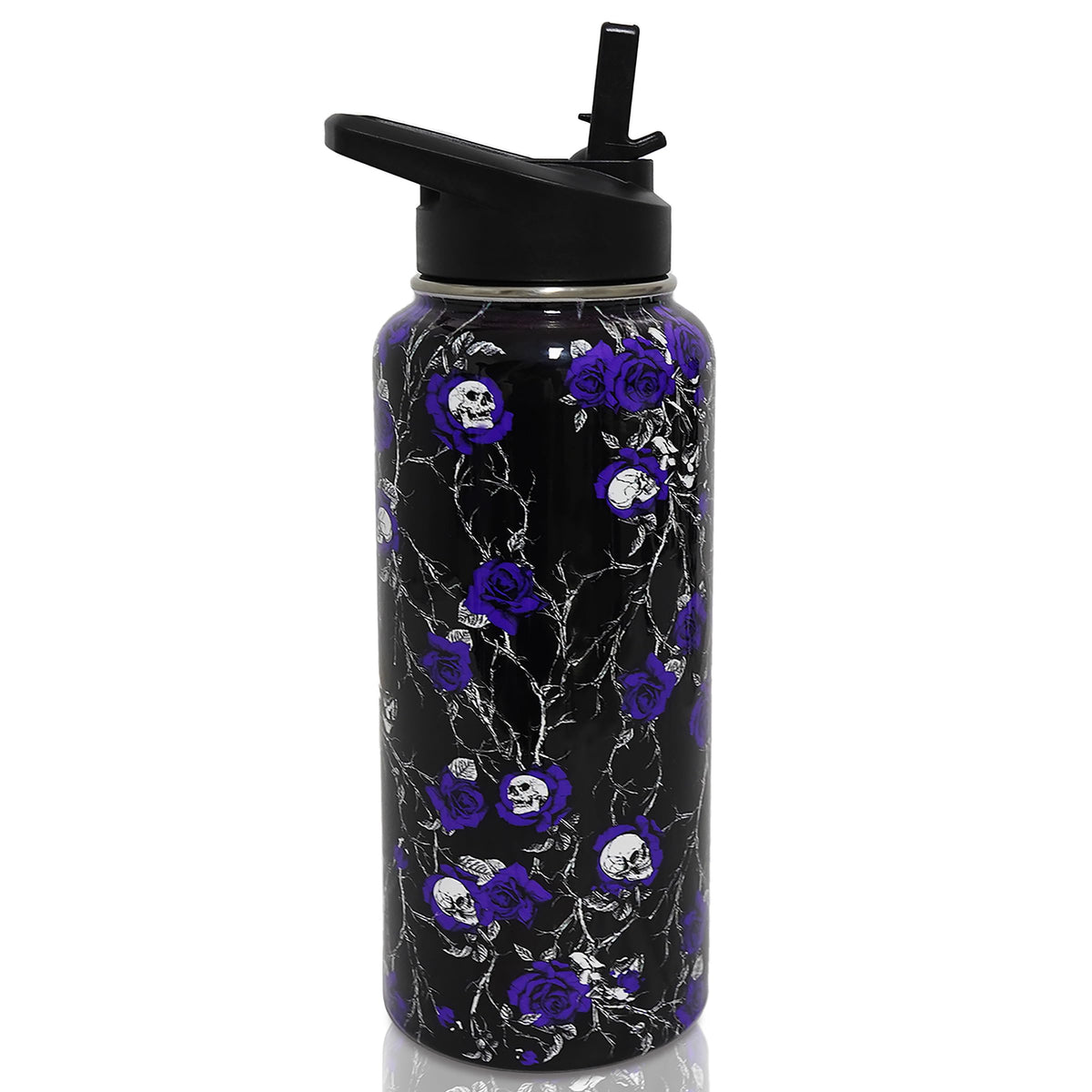 ZNYYZYBA Insulated Halloween Water Bottle 32 oz, Flower Skull Water Bottle with Straw, Reusable Leakproof Tumbler Stainless Steel, Halloween Gifts for Women