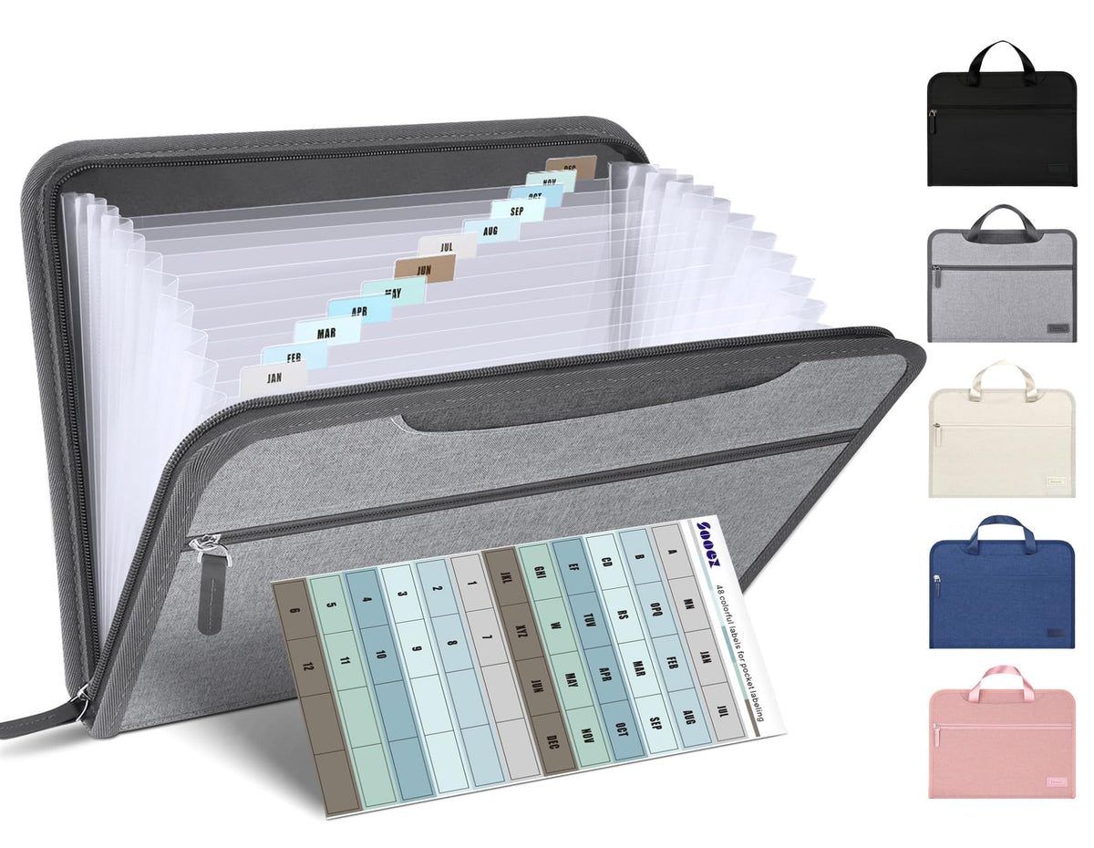 Sooez Heavy Duty Accordion File Organizer with Hidden Handle, Portable 12 Pockets Expanding File Folders, Cloth Monthly Bills Receipt Organizer for Letter/A4, School Classroom Home & Office Supplies