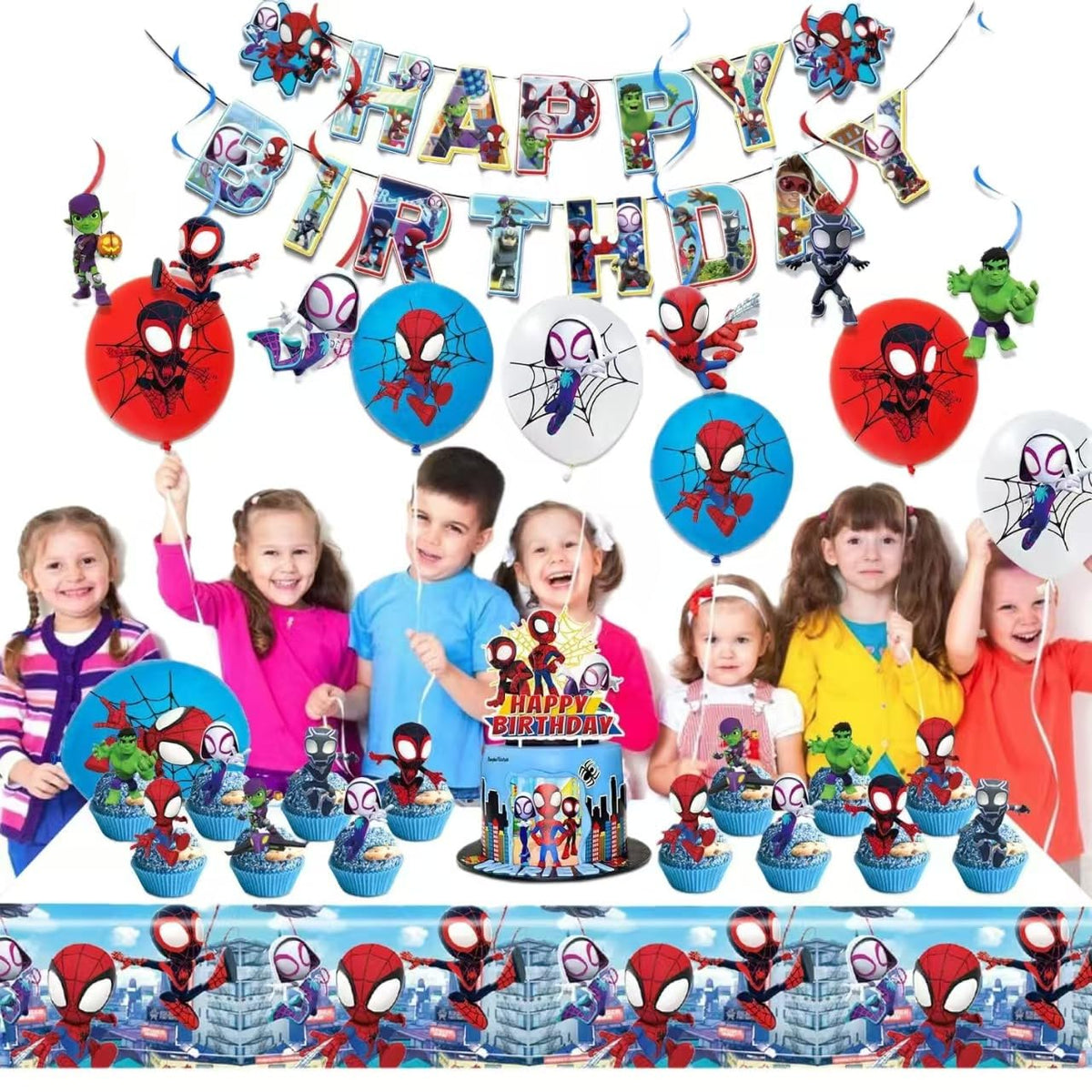 Cartoon spidey-themed birthday party supplies. These decorations include "Happy Birthday" banners, tableware, tablecloths, balloons, large and small skewers, and party-themed decoration sets.