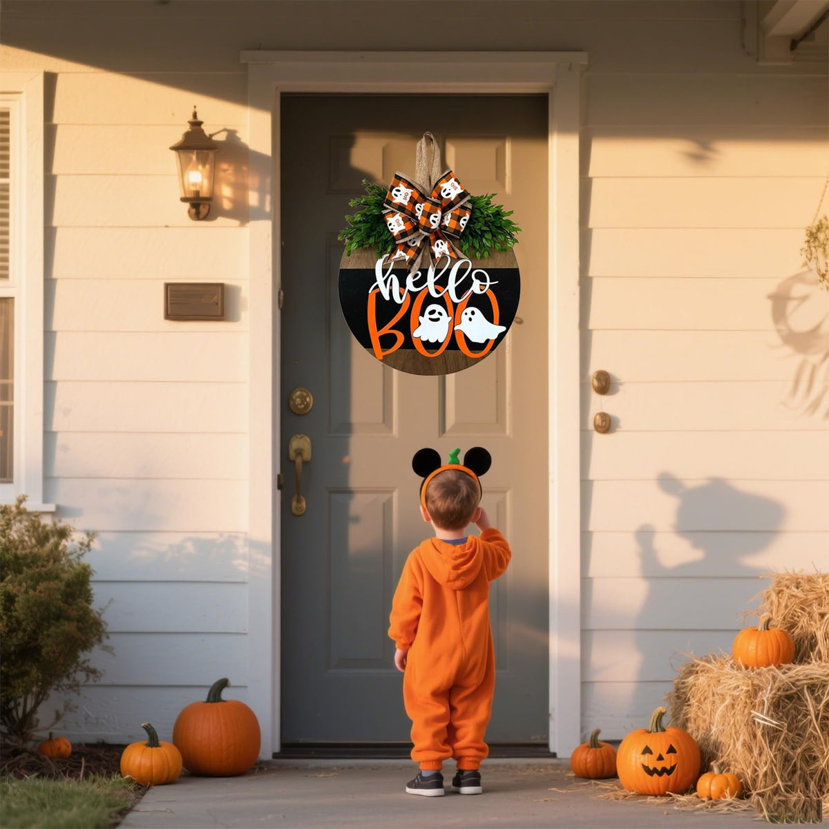 Cute Halloween Ghost Door Hanger Sign, Wooden Welcome Wreath for Front Door Farmhouse Porch Outdoor Wall Decor