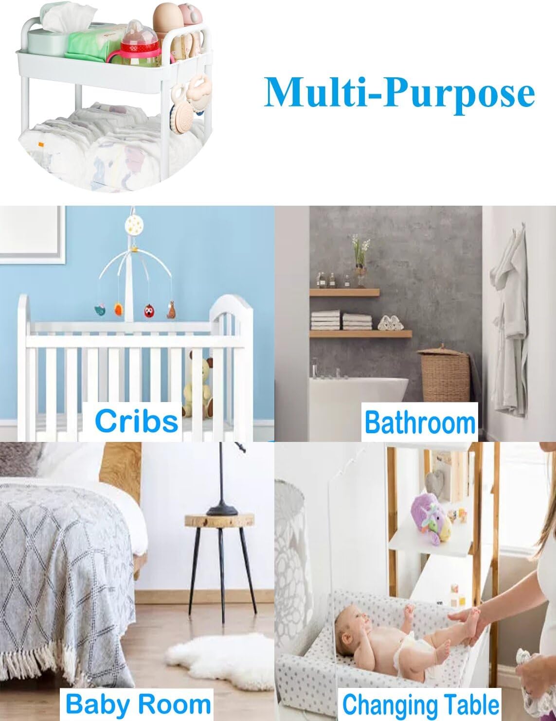 Volnamal Diaper Caddy Organizer - 3-Tier Movable Cart with Wheels for Newborn Essentials | White Plastic