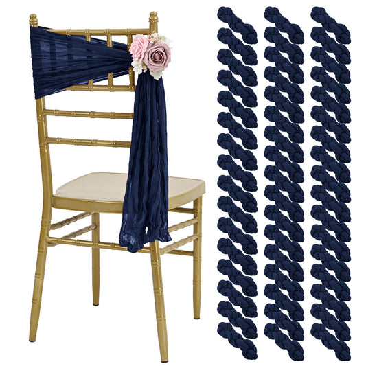 HNPSTBNO 50 PCS Cheesecloth Chair Sashes, Bows Designed ChairSashes, 15.7x70 inch Chair Sashes for Aisle Decorations Universal Chairs Cover Decoration for Wedding Reception Party Banquet (Navy Blue)