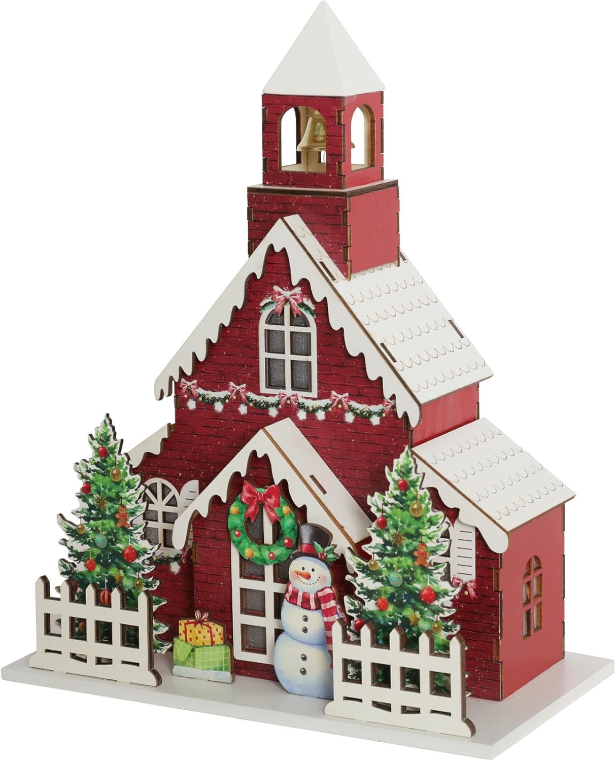 Skiennix Wooden Lighted Christmas Church Decor - 11.8" LED Village Chapel with Bell Tower | Battery Operated Rustic Tabletop Centerpiece for Holiday Home Decor