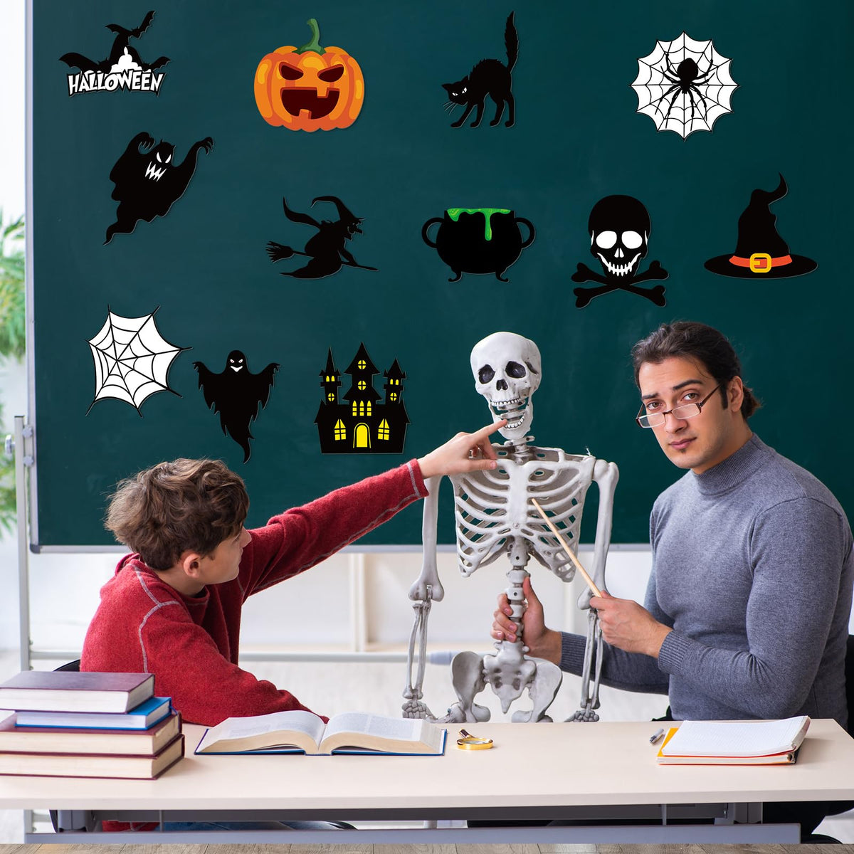 Dinifee 60 Pcs Halloween Cutouts Paper Bulletin Board Cutouts Decorations Ghosts Pumpkin Skull Shaped Die Cut Wall Decor for DIY Craft Halloween Party School Classroom Bulletin Board Decorations