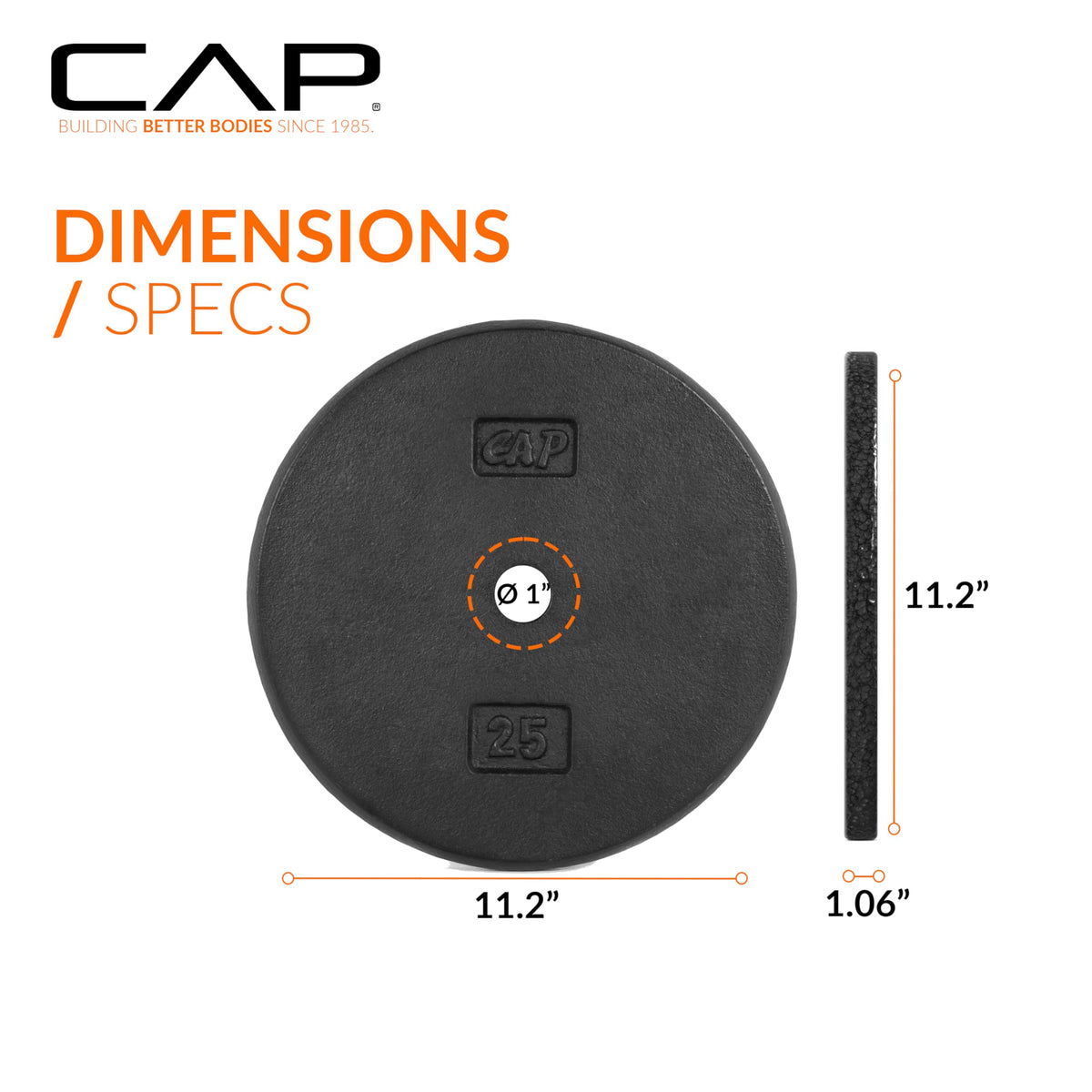 CAP Barbell Cast Iron Standard 1-Inch Weight Plate Set – Barbell Weights for Home Gym, Strength Training, and Weightlifting, 25 lb Set of 2, Black