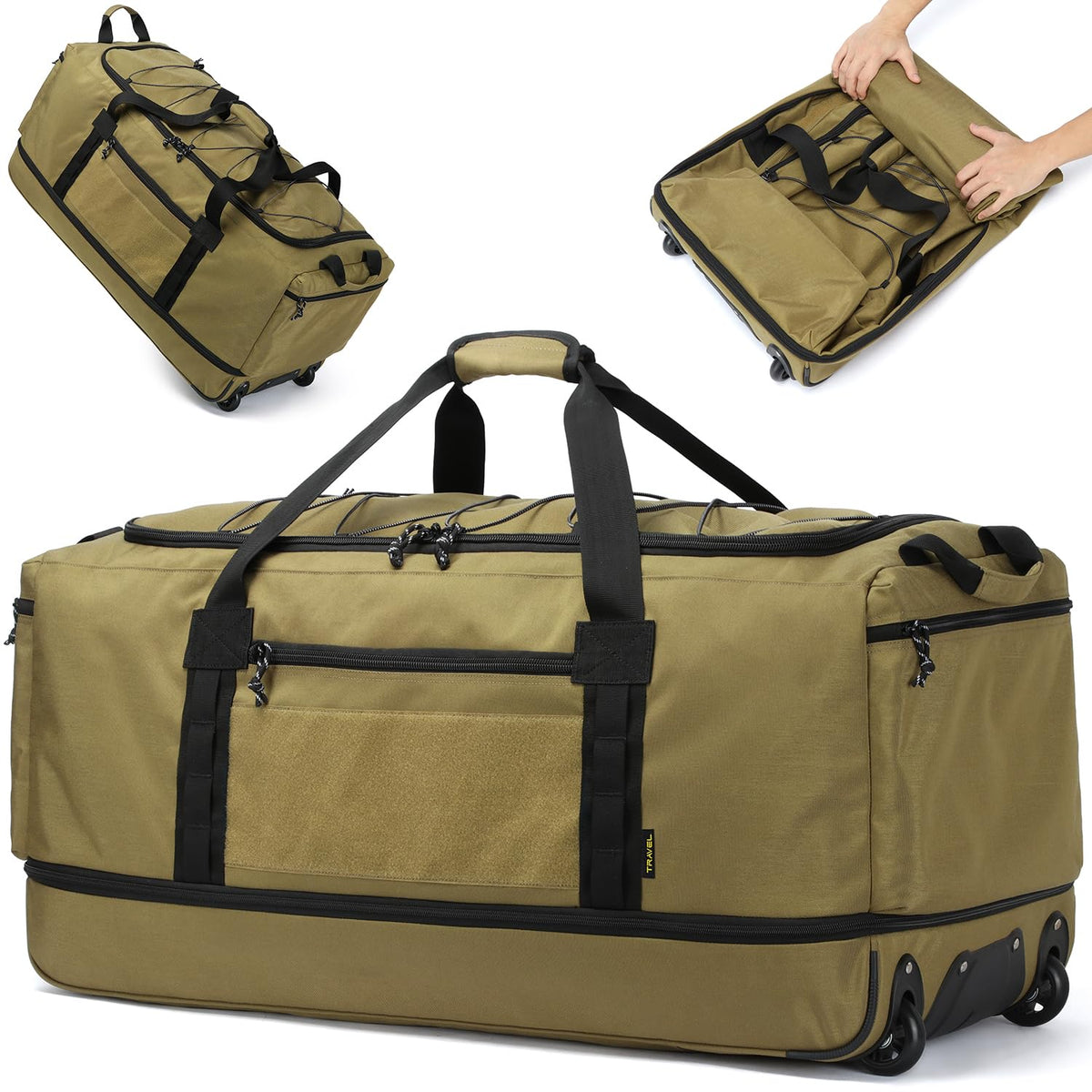170L Extra Large Baseball Bag with Wheels Gym Duffle Softball Catchers Coach Team Equipment Bags Collapsible Rolling Travel Duffel Bat Gear Bag for Hockey Basketball Football Volleyball Soccer, Brown
