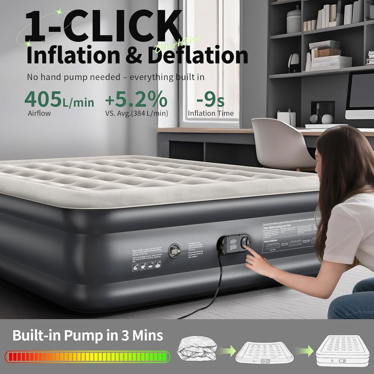 OlarHike Queen Air Mattress - Inflatable Bed with Built-In Pump | 18" Foldable Design for Home & Camping