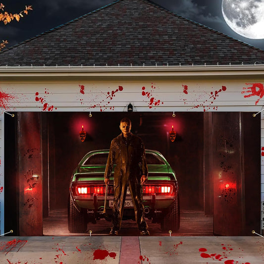 Horror Halloween Garage Door Banner - 16 x 7 ft, Classic Scary Movie Killer Character Backdrop for Photo Party, Halloween Garage Door Decorations Cover for Indoor/Outdoor Use