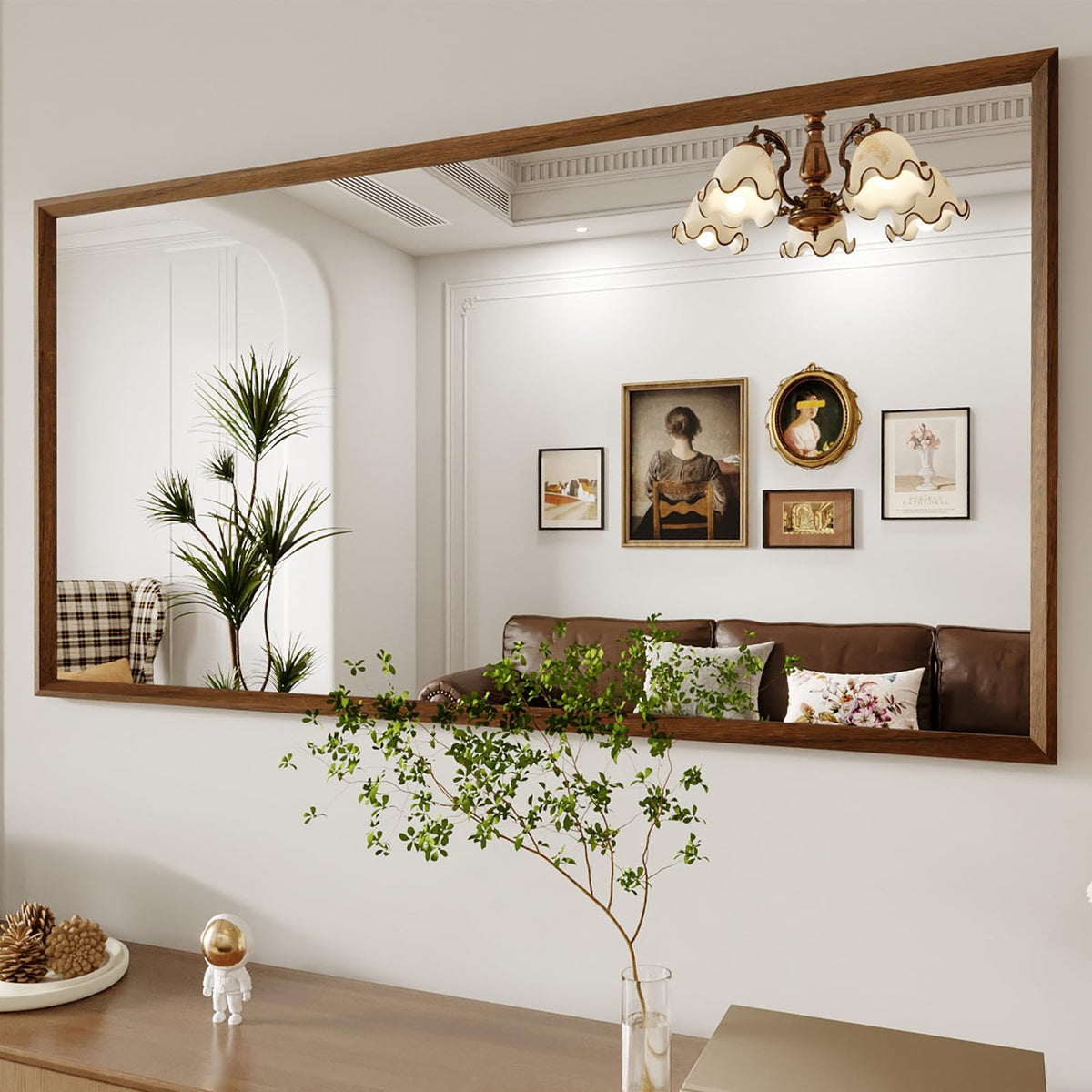 WEER Walnut Framed Mirror for Bathroom, 55x30 Inch Wall Mounted Mirror, Wood Grain Framed Vanity Mirror, Farmhouse Bathroom Mirror, Tempered Glass, Vertically or Horizontally, Anti-Rust