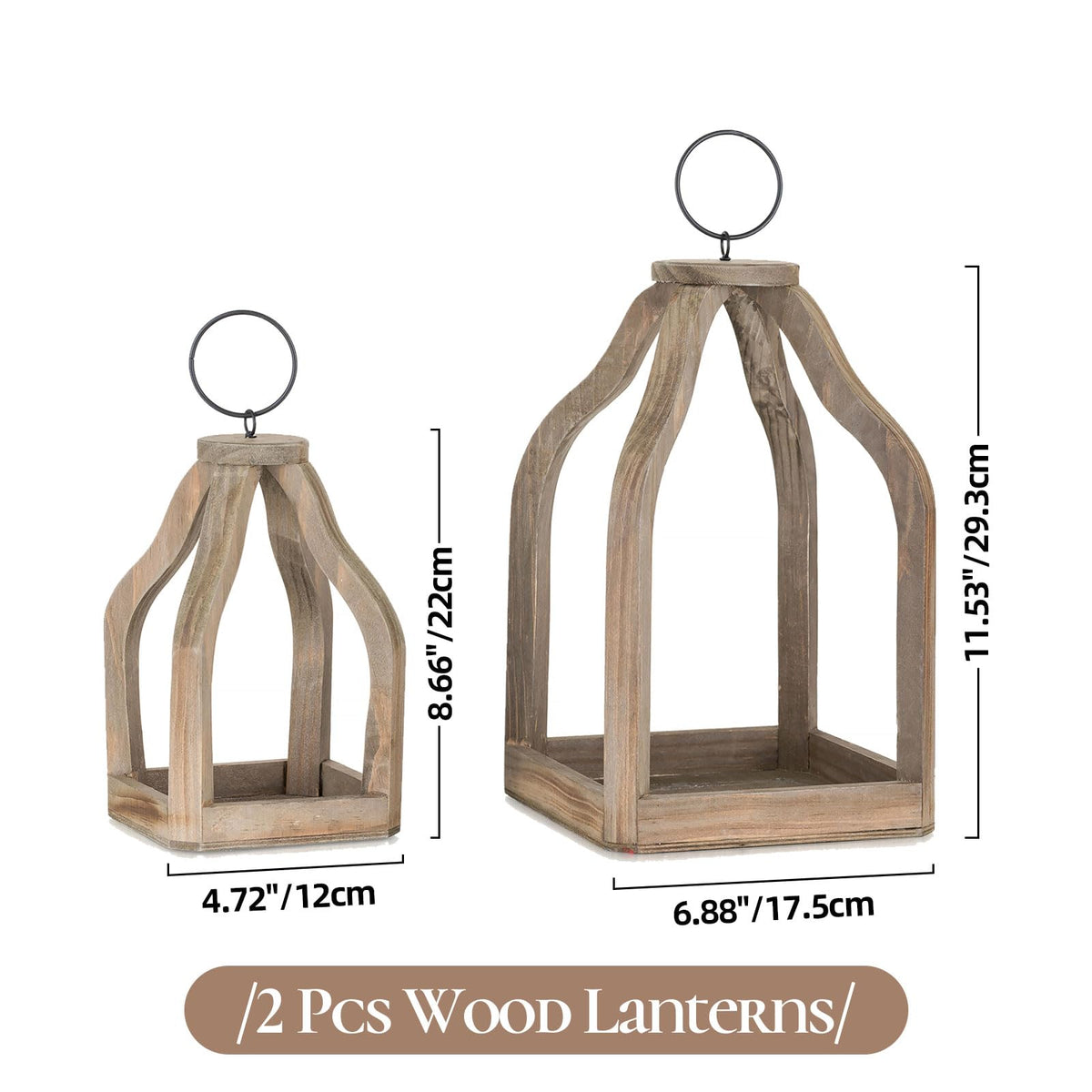 Staymoment Wood Lanterns Decorative Indoor: Farmhouse Hanging Candle Holder Set of 2 Brown Table Centerpiece Fireplace Mantle Shelf 11" & 8" Rustic Home Decor Fall Ornaments