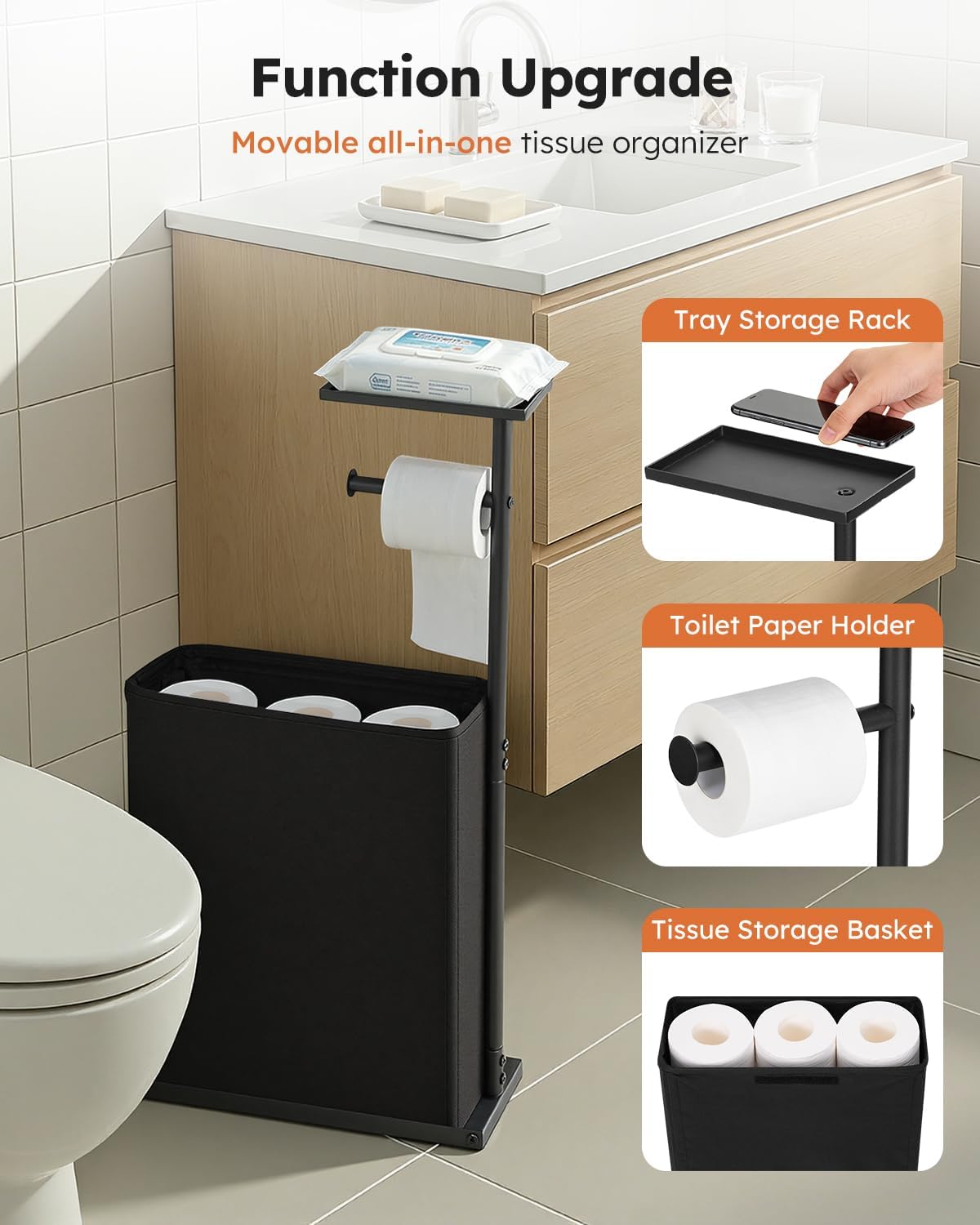 Skiennix 30" H Toilet Paper Holder Stand - Rustproof Free Standing Organizer with Shelf & Basket, Black
