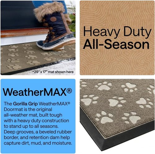 GORILLA GRIP Waterproof All-Season WeatherMAX Doormat | 35x23 Natural Rubber, Stain & Fade Resistant, Easy Clean Tan Pawprints
