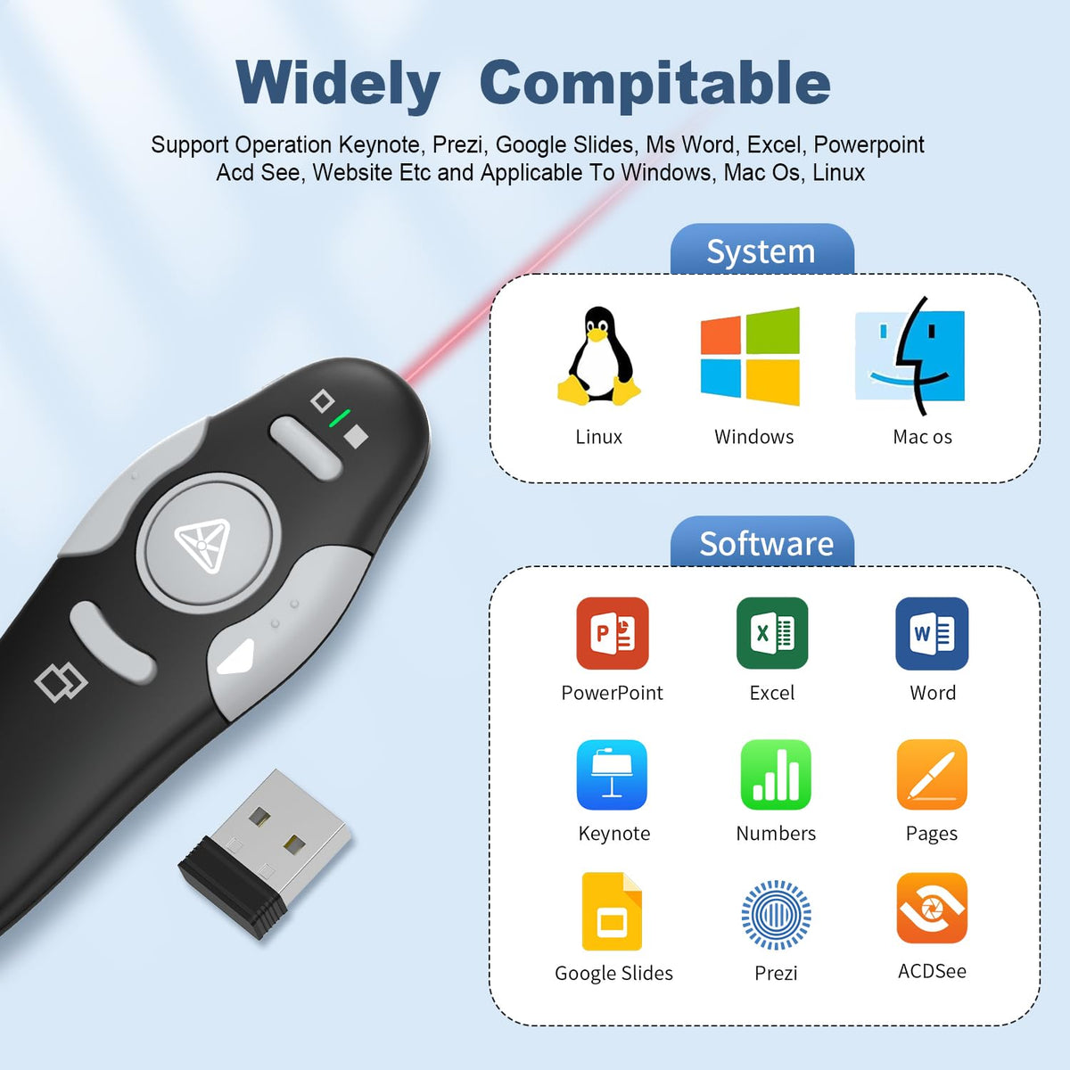 QUI 2 Pack Presentation Clicker, Wireless Presenter Remote Clicker for PowerPoint, Slide Advancer for Mac, Windows, Google Slide, Keynote (USB, Black Silver)