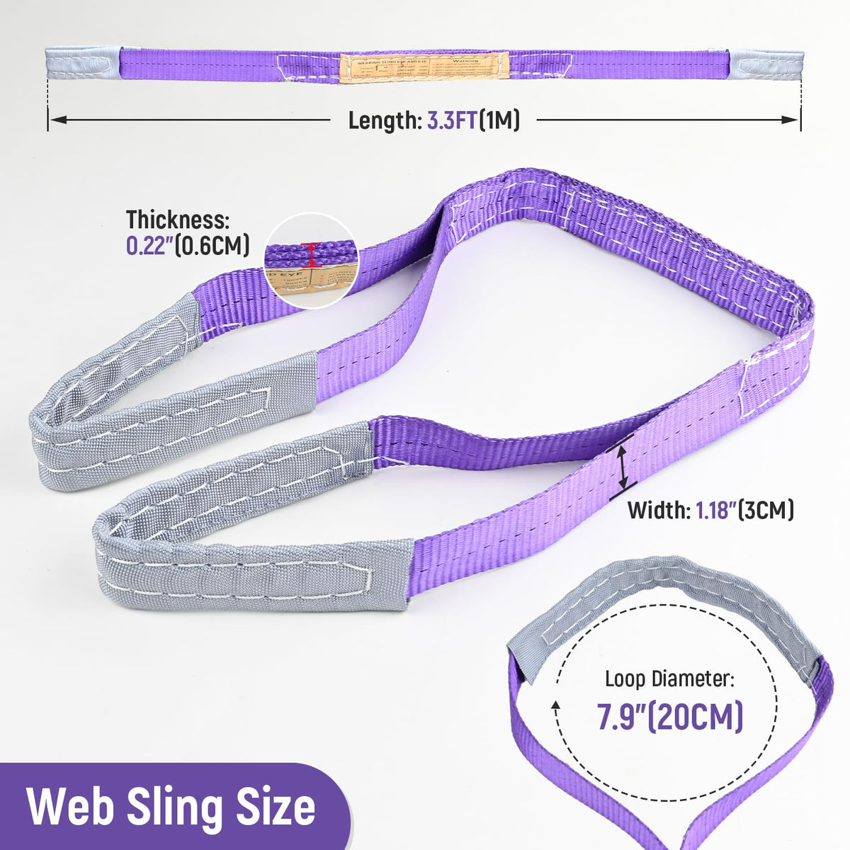 2-PCS 5:1 Safety Factor 1" X3.3' Lifting Slings 2204 lbs Webbing Sling 2 ply Polyester Lifting Strap with Twisted Eye & Eye for Industrial Shop Use, Hoist, Tree Stumps, Heavy Duty Cargo, Purple