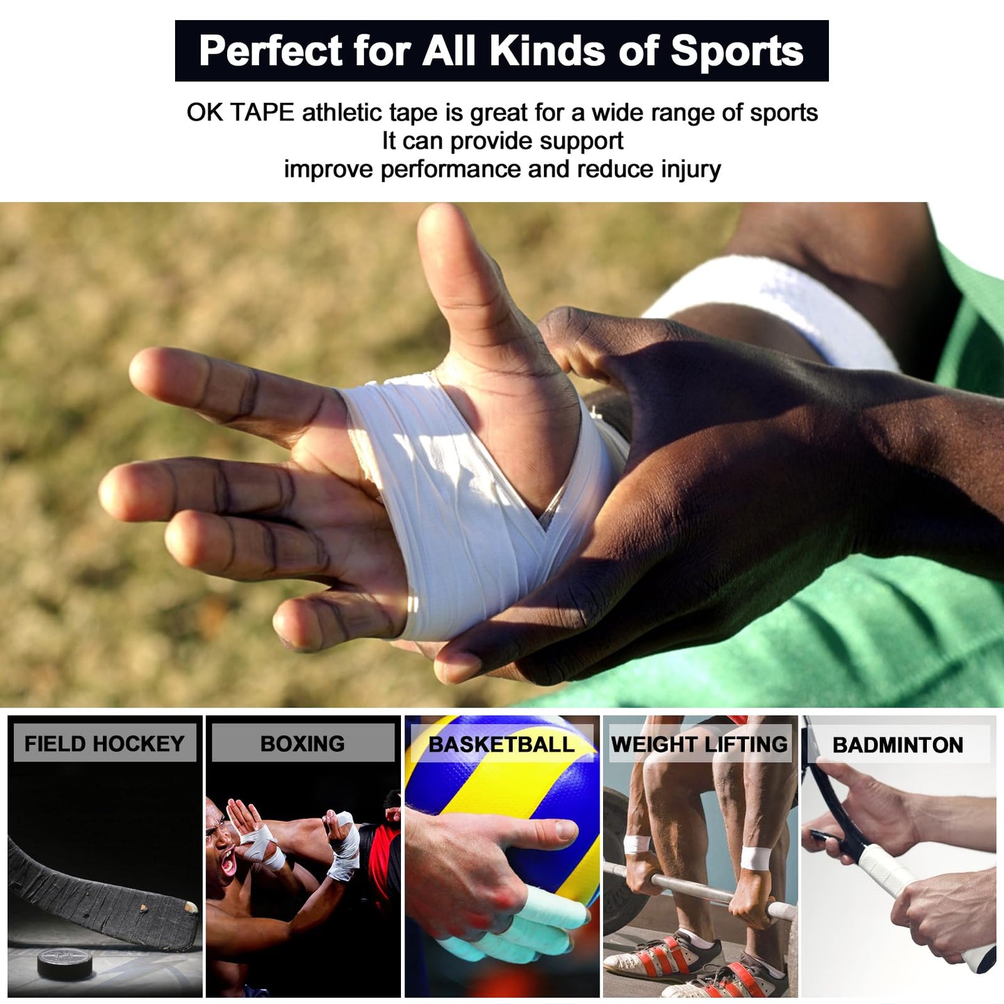 OK TAPE Athletic Sports Tape Bulk（32-Rolls - 480yds Very Strong Tape for Athlete & Sport Trainers & First Aid Injury Wrap, Perfect for Fingers Ankles Wrist on Bat, Hockey Stick - White