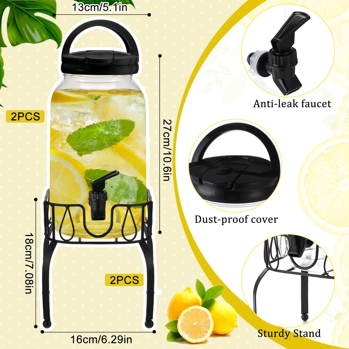 Tanlade 2 Pcs Plastic Drink Dispenser with Stand Beverage Dispenser with Sturdy Metal Base Juice Jar for Parties Lemonade Jar Spigot for Weddings Countertop Water, Each 1 Gallon(Black)