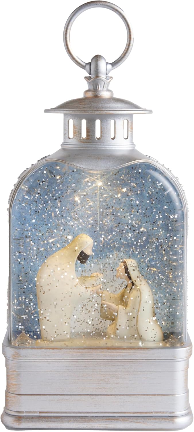 Love's Pure Light by Kate Lee - 10” Light-Up Nativity Lantern with Music | Glitter Snowglobe Manger Scene