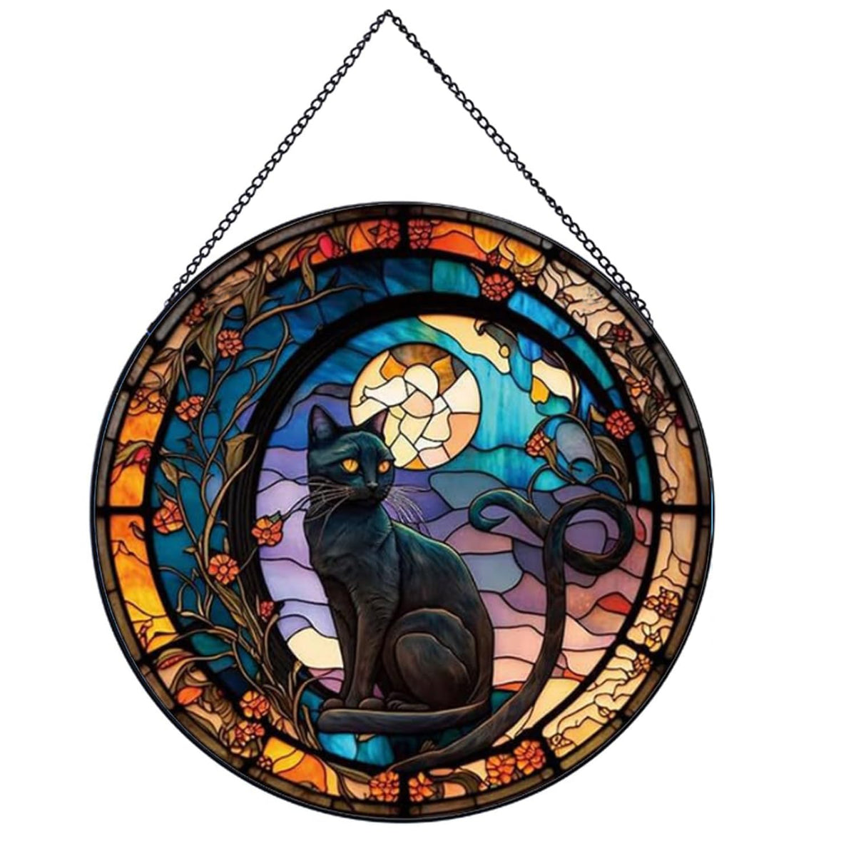 Payutou Black Cat Stained Glass Window Hangings,Suncatcher Stained Glass for Windows for Cat Lovers,20cm/7.87inch Hand-Painted Sun Catcher Garden Hangings Halloween Fall Christmas Decor for Home