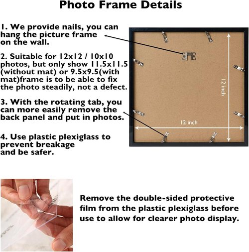 JCJMY 12x12 Picture Frame - Versatile Display for 10x10 or 12x12 Art | Black with Plexiglass