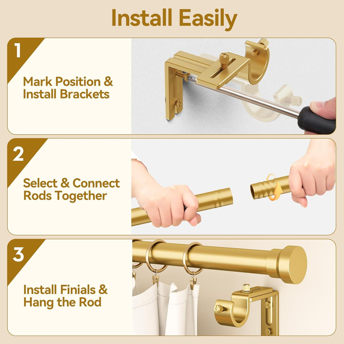YaFex Curtain Rods - Heavy Duty 1 Inch Adjustable Window Treatment Rods | 32-58 Inch, Gold Finish