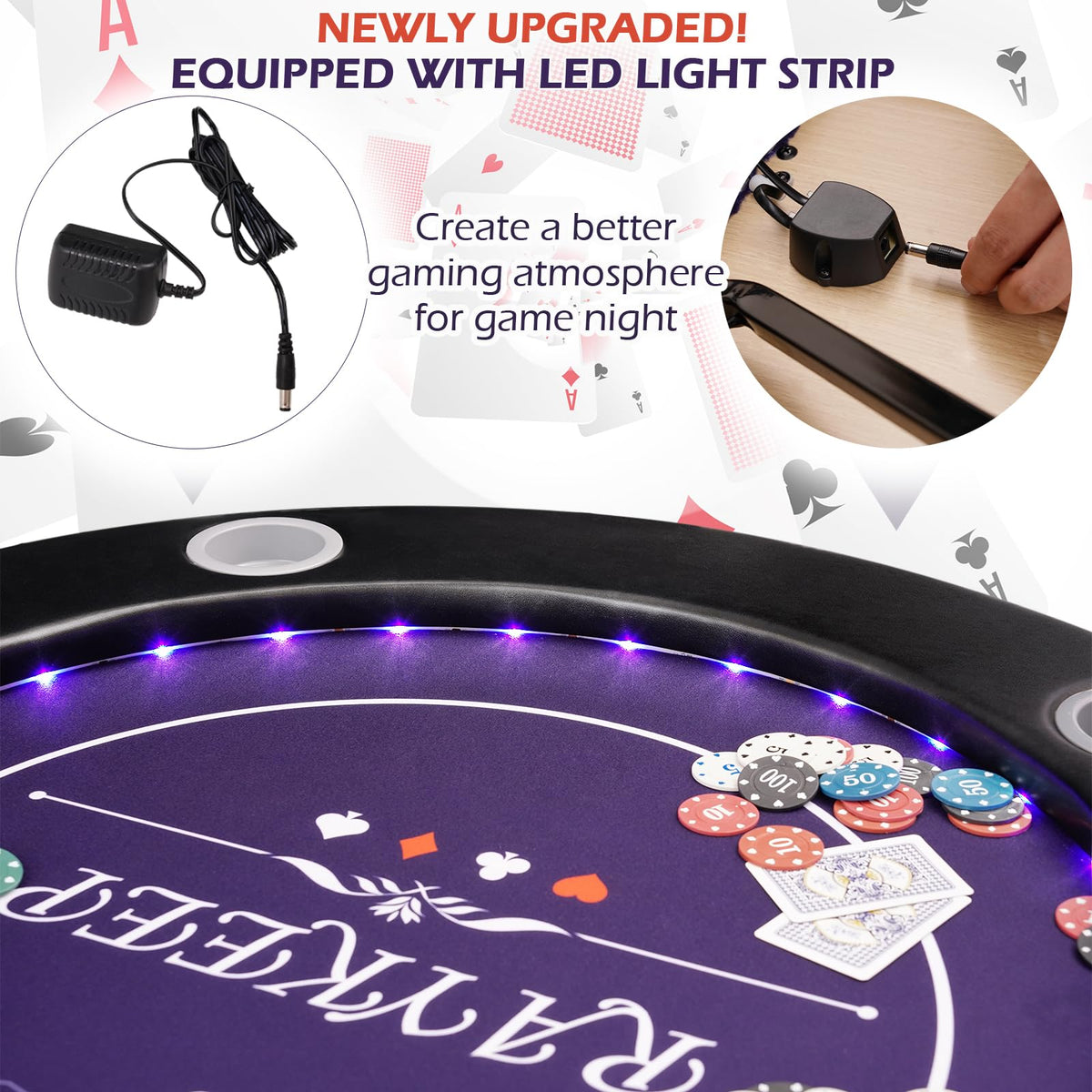 RAYKEEP 71" LED Poker Table - 8 Player Foldable Texas Hold'em Table with Built-in LED Lights, Padded Rails & 8 Cup Holders, Portable Casino Card Table for Home Game Room & Parties