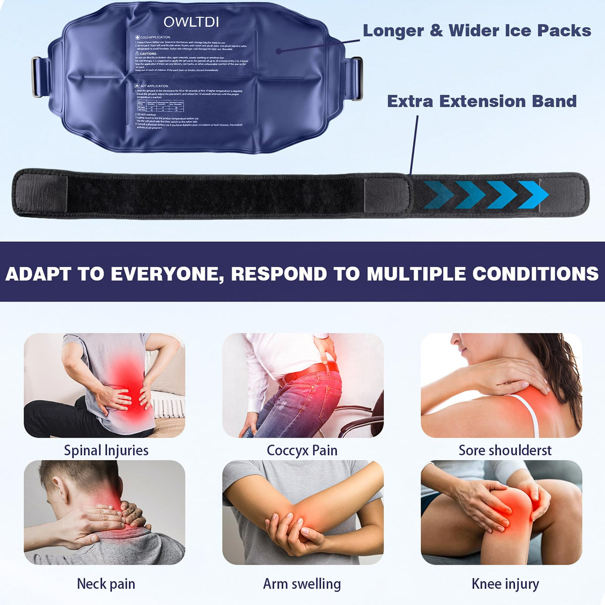 OWLTDI Ice Packs Soft Flexible Gel Pack for Injuries Reusable Cold Hot Therapy for Shoulder Knee Back Elbow Leg Hip Arm for Muscle Relief & Recovery 17.5'' x 9.5'' Navy Blue