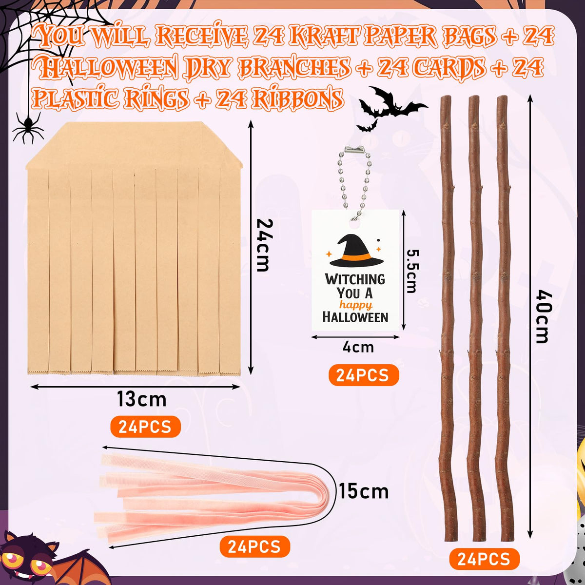 Geyoga 96 Pcs 25" Halloween Treat Bags Large Witch Broom Candy Kraft Paper Bag Set (No Need to Crop) with Pink Cable Tie, Gift Card and Real Dry Branches for Halloween Trick or Treat Party Supplies