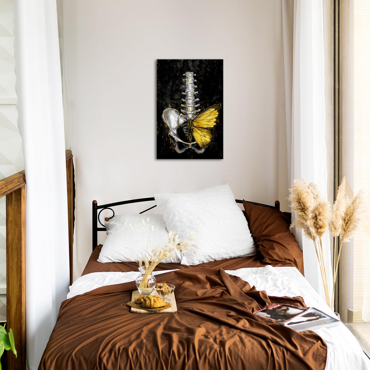 iKNOW FOTO Anatomical Spine Wall Art with Gold Butterfly 16x24 Inch Medical Skeleton Canvas Print for Doctor Office Nurse Station Physical Therapy Clinic Decor Ready to Hang
