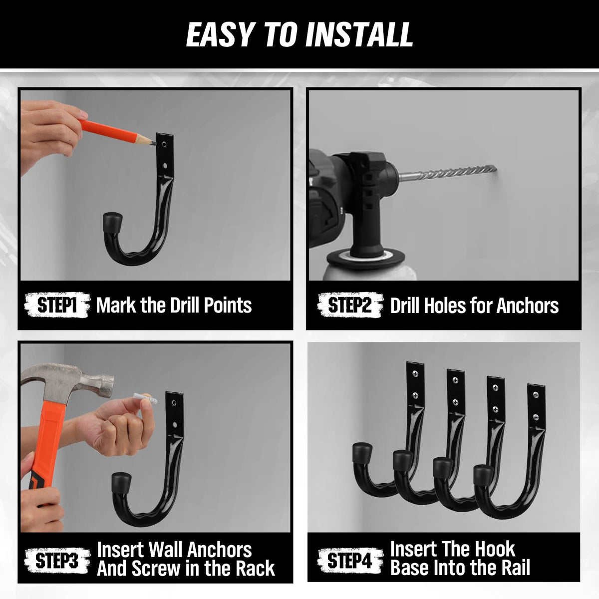 Heavy Duty Garage Storage Hooks, 6-piece Bike Hooks for Garage Wall, Utility Garage Hooks, Wall Mount J Hook for Hanging, Large Metal Storage Organizer Tool, Extension Cord Hanger