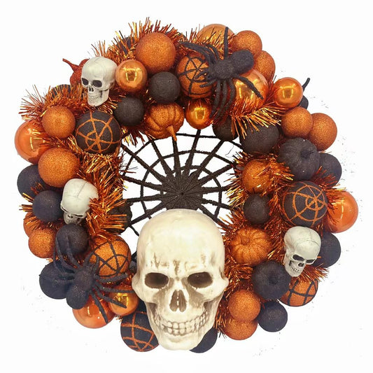 17" Halloween Door Wreath, Spooky Gothic Wreath with Skulls, Spiders & Glitter Ornaments, Orange Black Halloween Wreath for Front Door Porch Decor