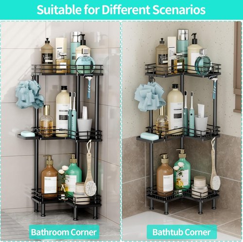 HapiRm Corner Shower Caddy - 3-Tier Rustproof Bathroom Organizer with Soap Holder & 4 Hooks | Black