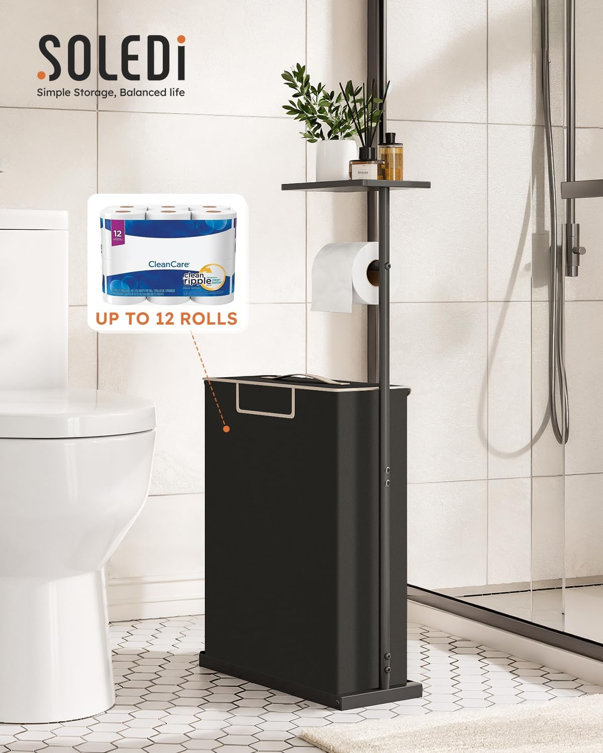 Skiennix 30" H Toilet Paper Holder Stand - Rustproof Free Standing Organizer with Shelf & Basket, Black