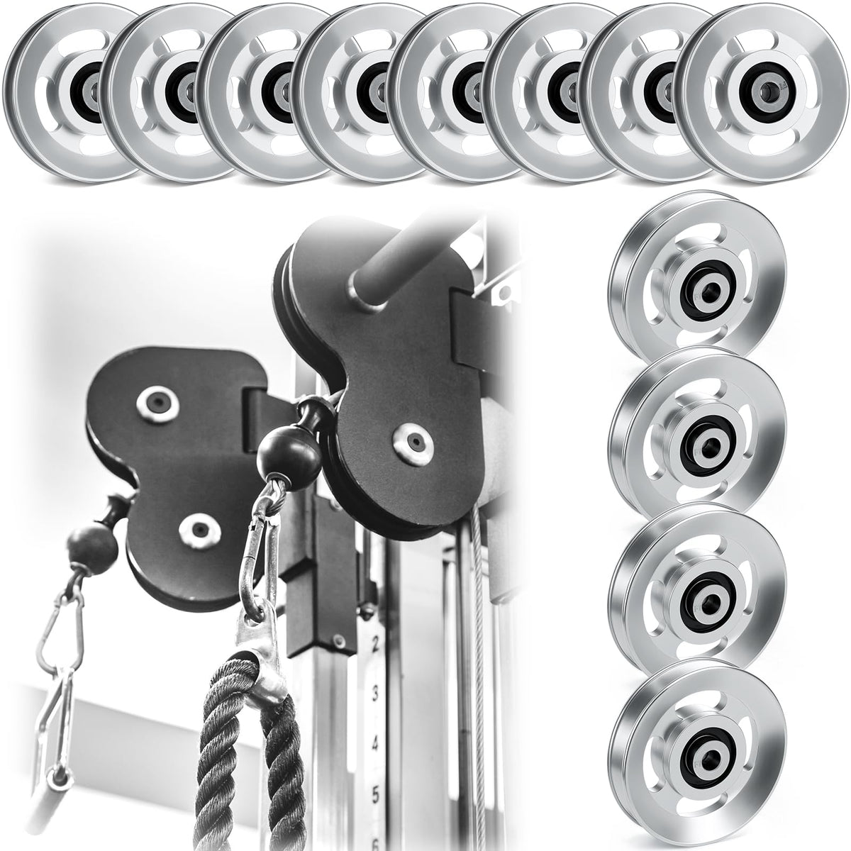 Soulchen 2/4/6/8/10/12 Pcs Aluminum Pulleys for Cable Machine Sets, 90mm Aluminum Alloy Bearing Gym Pulley Wheel for Home Gym Equipment Exercise Pulldown Attachments(Aluminium,Sliver,4 Pcs)