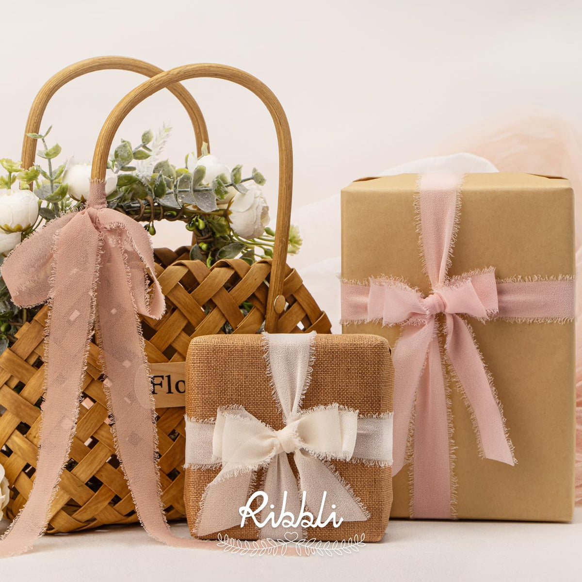 Ribbli Pink Ribbon 1 Inch x 3 Rolls Total 24 Yards Cream/Blush Pink/Rose Gold Handmade Fringe Chiffon Silk Ribbon for Wrapping Wedding Invitations Bridal Bouquets DIY Crafts Home Decor