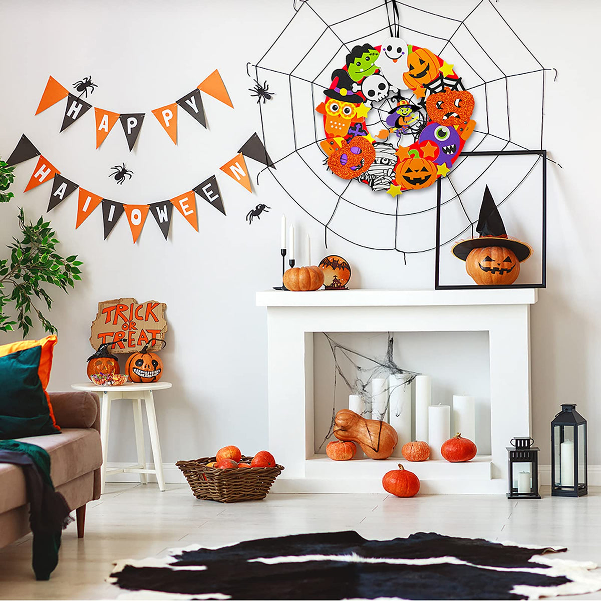 Winlyn 12 Sets Halloween Wreath Decorations Foam Halloween Wreath Signs Craft Kits Pumpkins Jack-O`-Lantern Owl Ghost Witch Bats Monster Stickers for Kids Art Gift Favors Trick-Or-Treaters Front Door