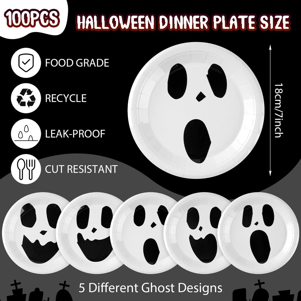 Roshtia 100 Pcs Halloween Paper Plates 7 Inch Round Decorative Ghost Dinner Plates Bulk for Trick or Treat Birthday Party Supplies