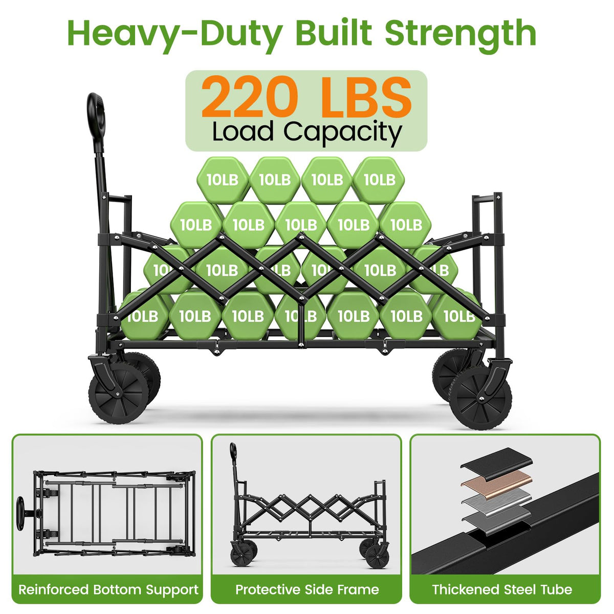 Blomoba 35'' Extra Long Collapsible Wagon with Adjustable Handle, Lightweight Folding Wagon with 360° Swivel Wheels, 220 LBS Portable Utility Cart for Garden, Sports, Grocery, Shopping, Camping, Black