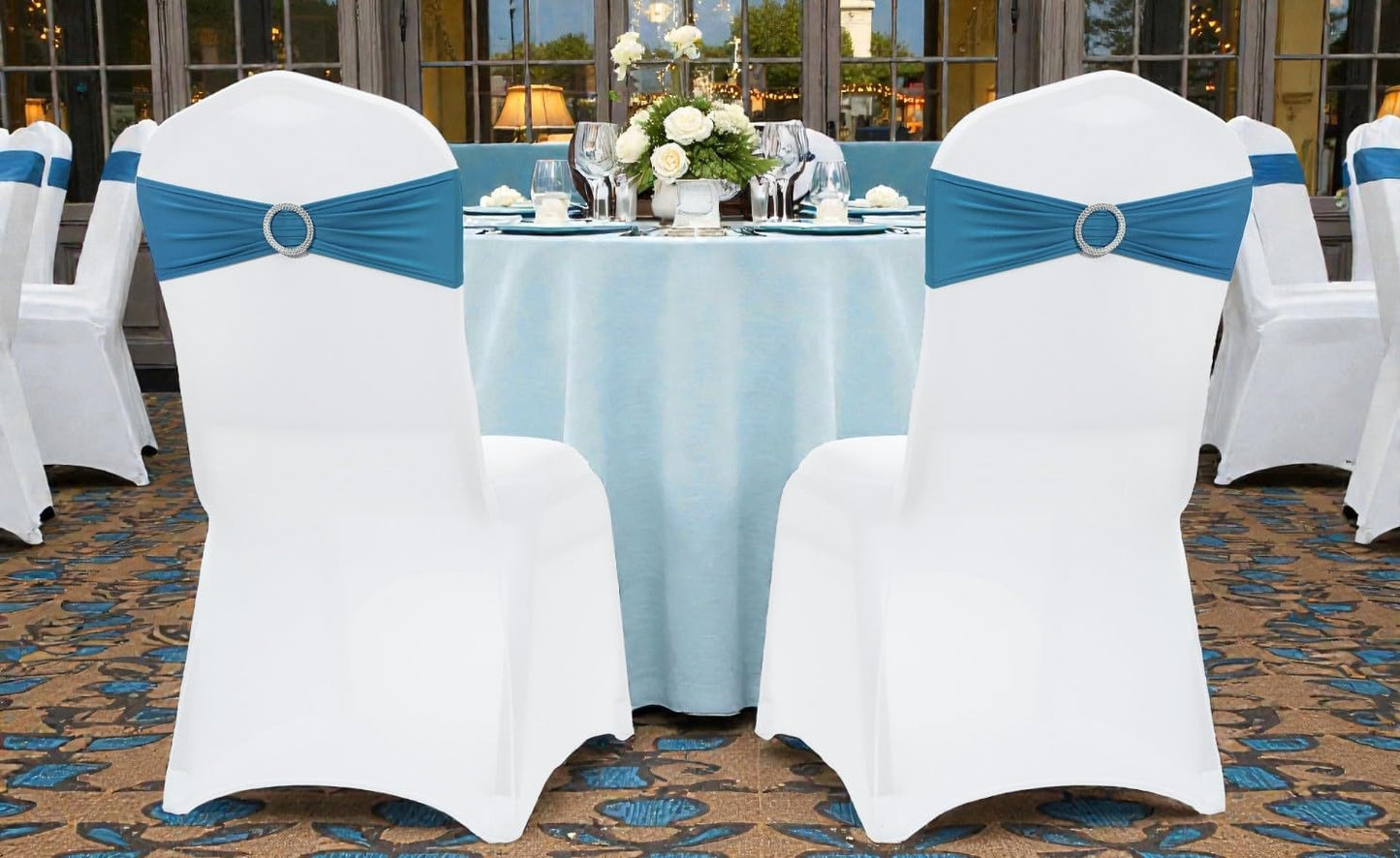 MDS Spandex Chair Sashes - Pack of 200 Elastic Stretch Bows with Buckle Slider for Wedding Decor - Dark Teal