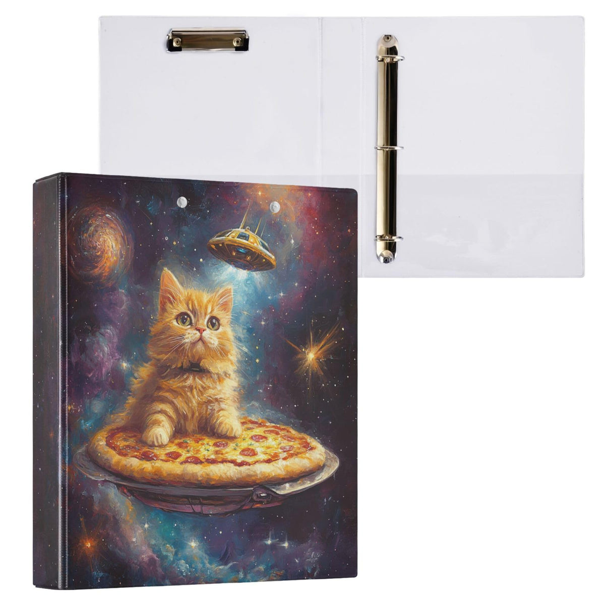 Cat Round Ring Binders 1.5 Galaxy Alien Pizza 3 Ring Clipboard Binder for Office School Work Supplies File Folder 200 Sheet Capacity Easy Open
